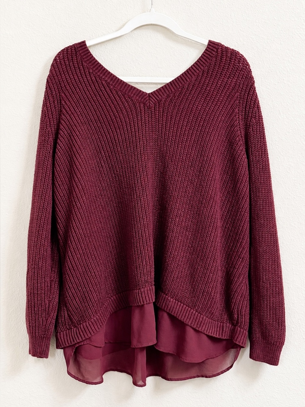Torrid Burgundy Layered Chiffon V-Neck Sweater – Size 2